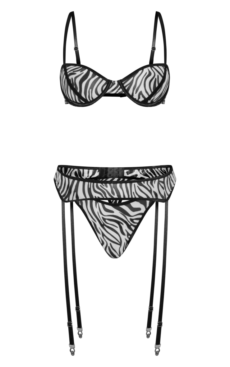 Black Zebra Print Mesh 3 Piece Lingerie Set image 1