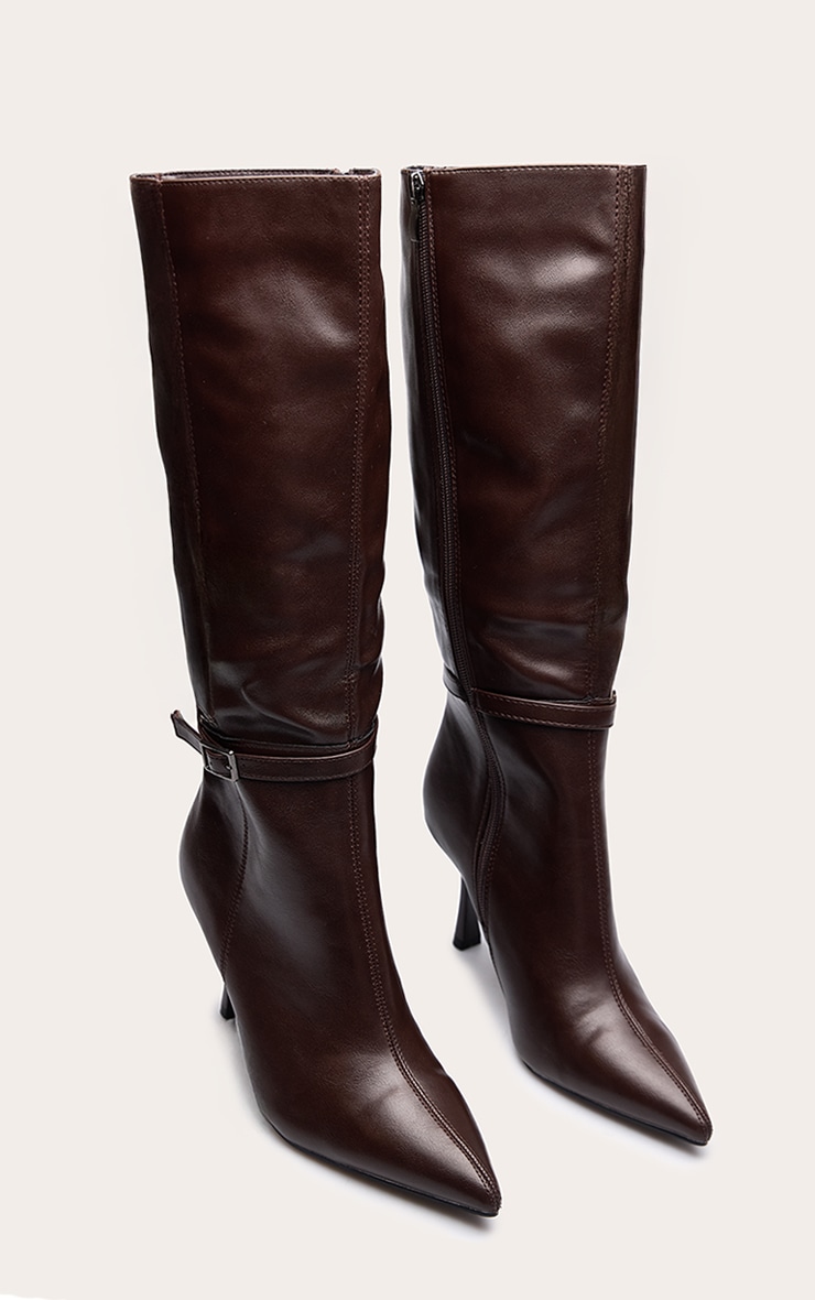 Chocolate Faux Leather Buckled Heeled Knee High Boot image 3