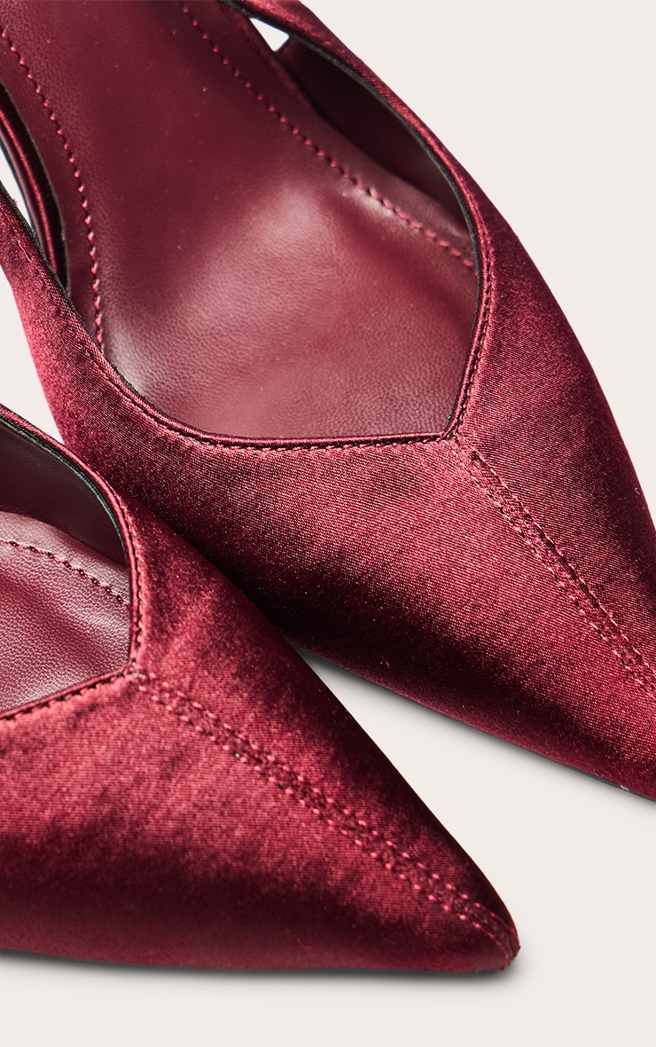 Burgundy Satin Point Toe Heeled Sling Back image 5