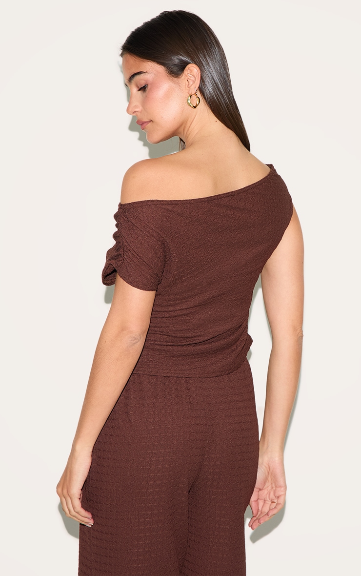 Chocolate Textured Asymmetric Off Shoulder Top image 2