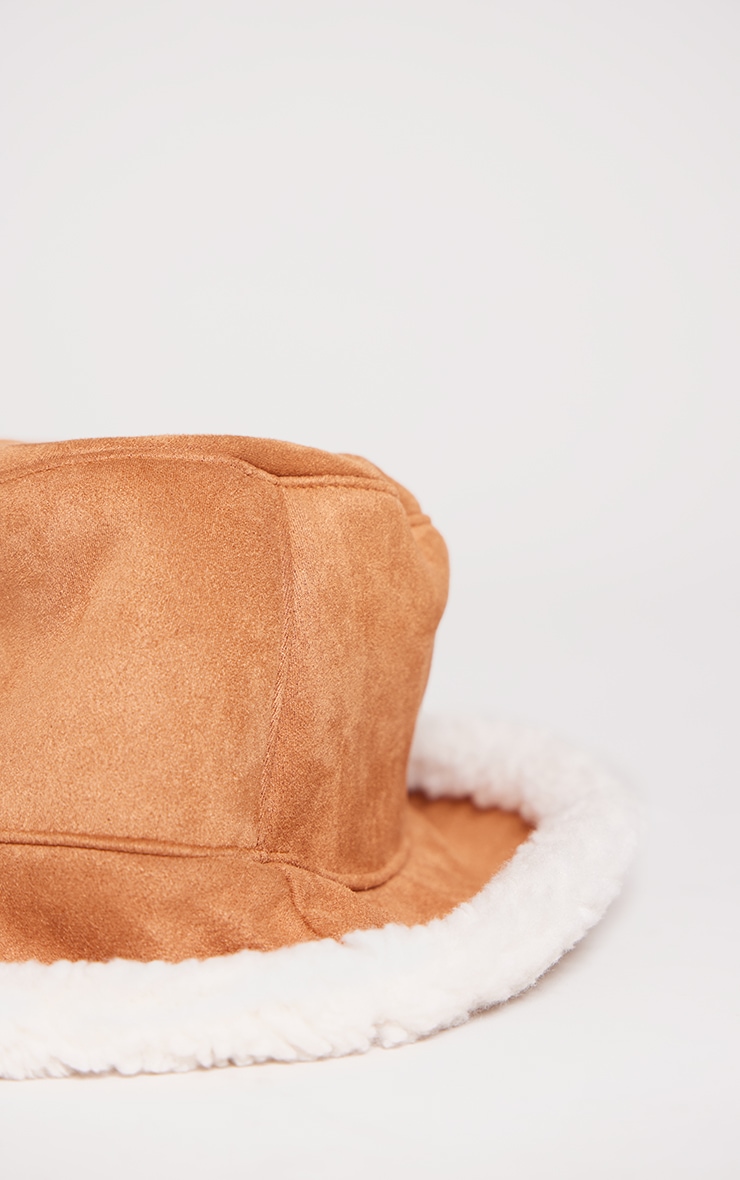 Tan Faux Suede Borg Trim Bucket Hat image 3