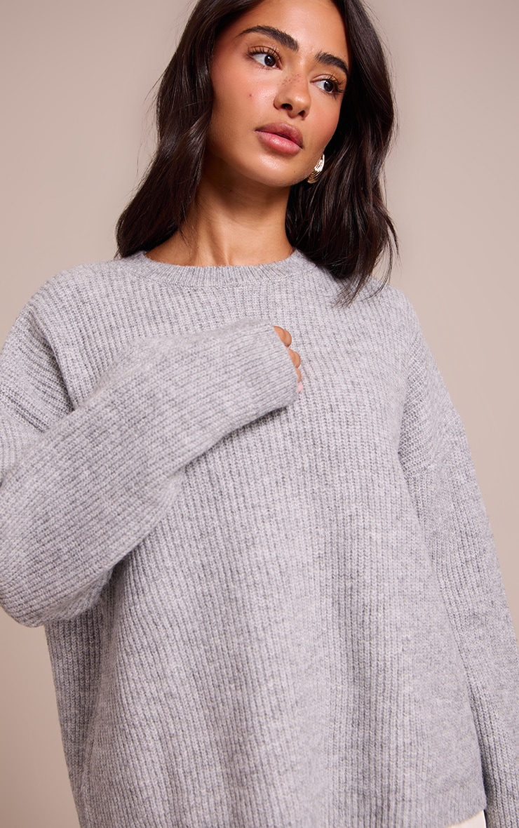 Petite Ash Grey Round Neck Knit Raglan Sleeve Sweatshirt image 4