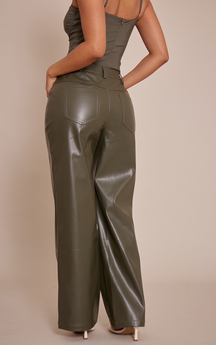 Petite Dark Olive Faux Leather Straight Leg Pants image 3