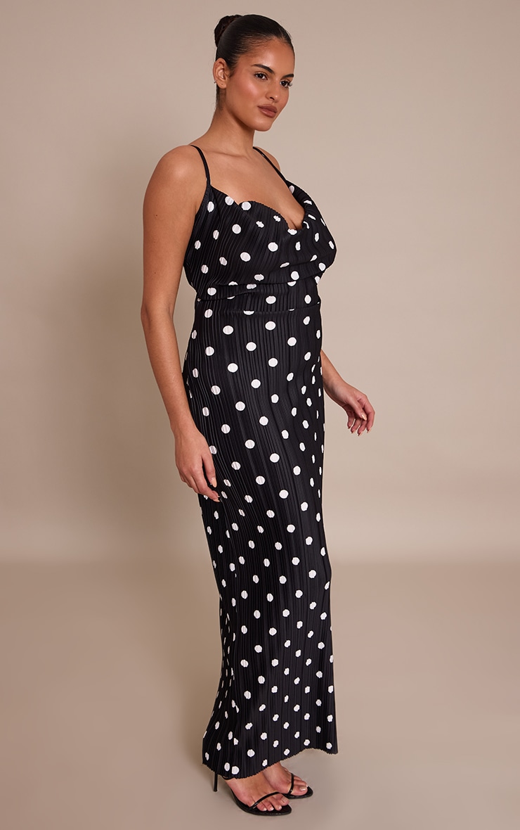 Plus Black Polka Dot Printed Plisse Cowl Neck Maxi Dress image 3