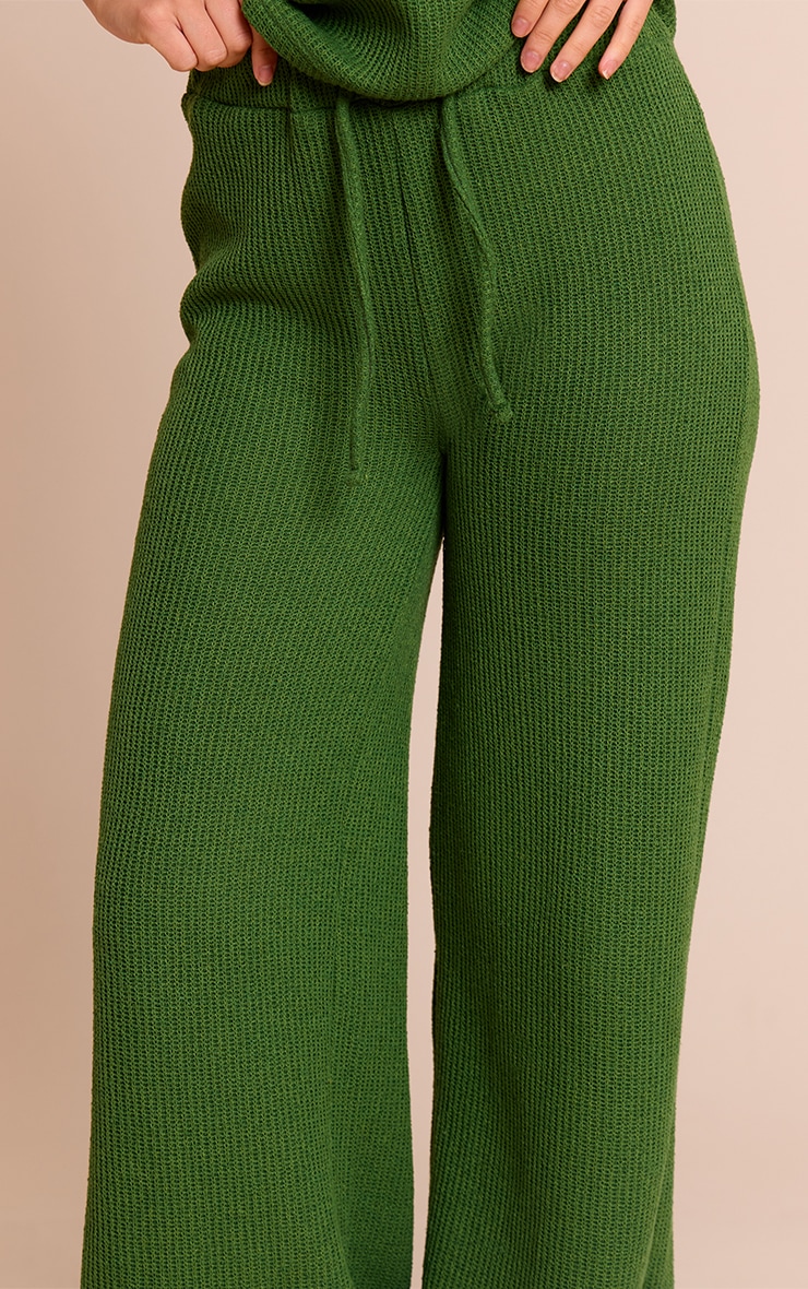 Olive Textured Waffle Mid Rise Wide Leg Pants image 4