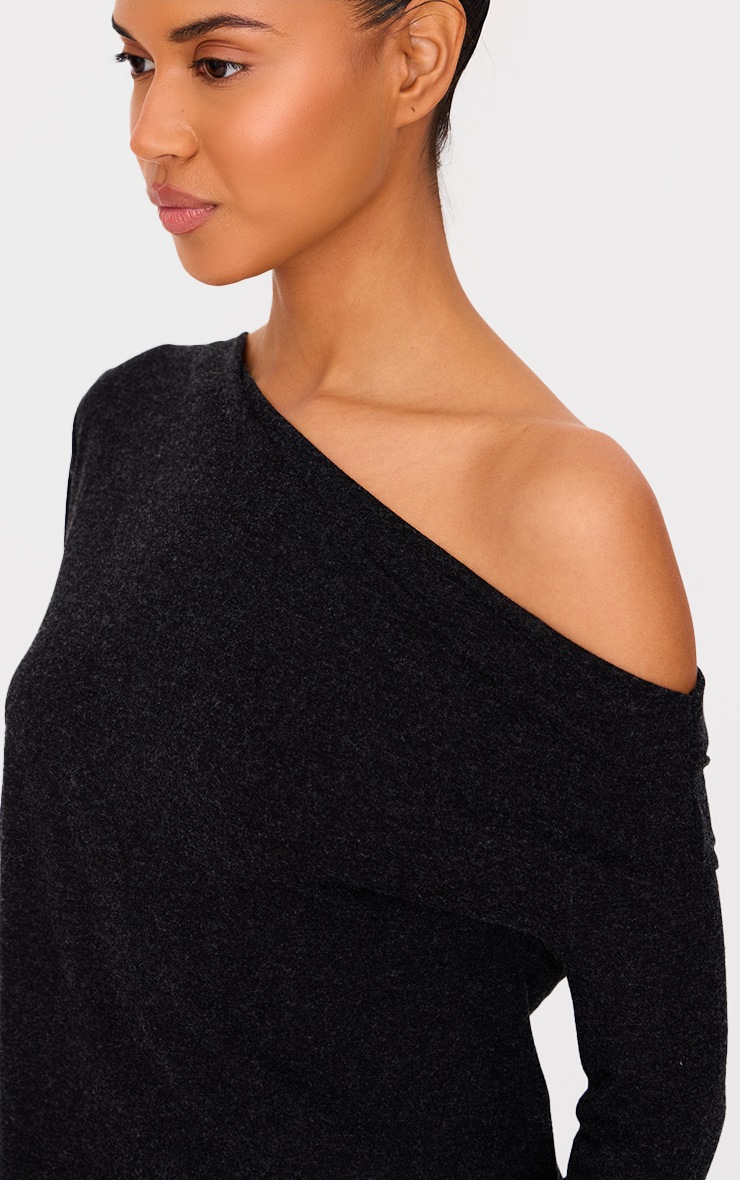 Black Slouchy Asymmetric Shoulder Long Sleeve Top image 4