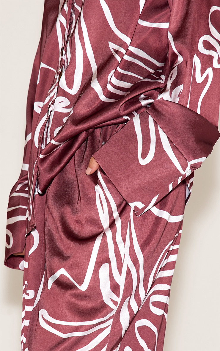 Brown Printed Satin Drawstring Wide Leg Pants image 4