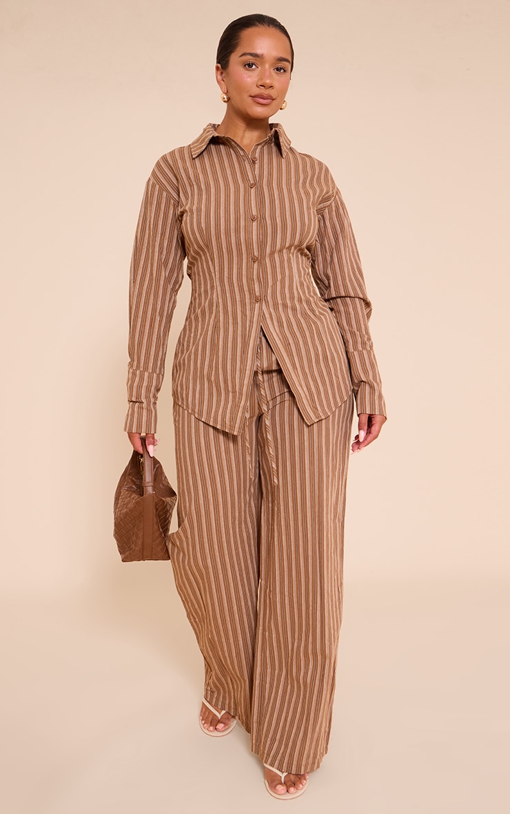 Shape BROWN Striped Lace Up Cinched Back Button Front Shirt image 3