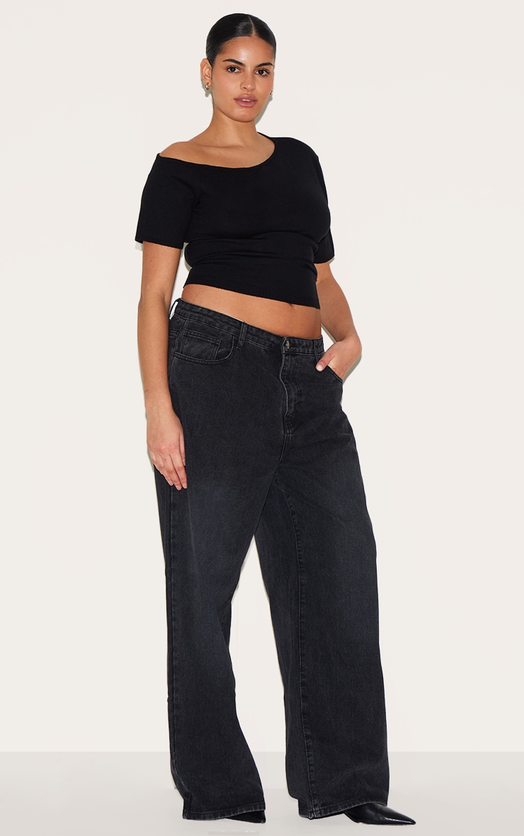 Plus Black Basic Knit Asymmetric Neckline Top image 3