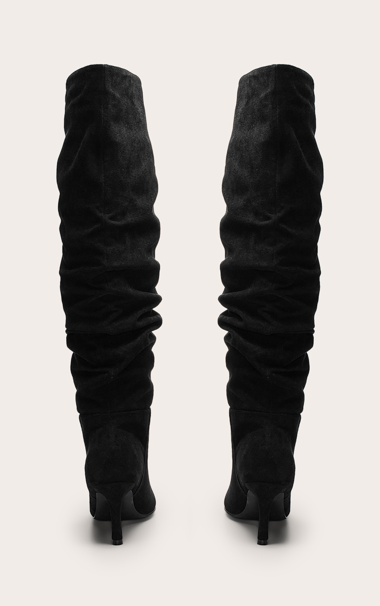 Bottes hautes en suédine noire froncées à talon image 4