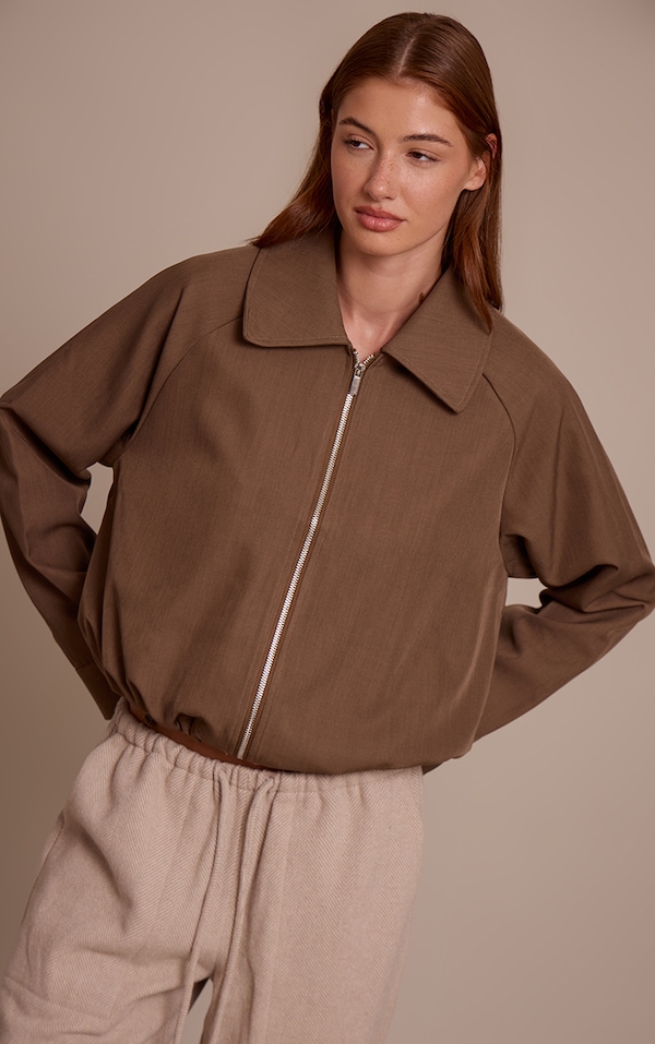 Mocha Utility Style Draw Cord Bomber Jacket