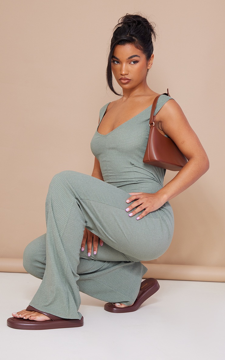 Khaki Crinkle Open Tie Back Plunge Jumpsuit image 2