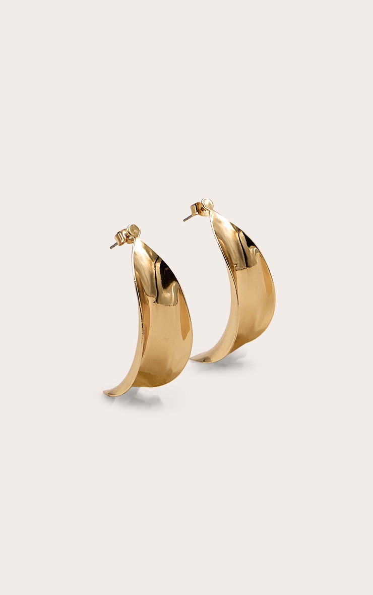 Gold Smooth Scooped Leaf Earrings image 2