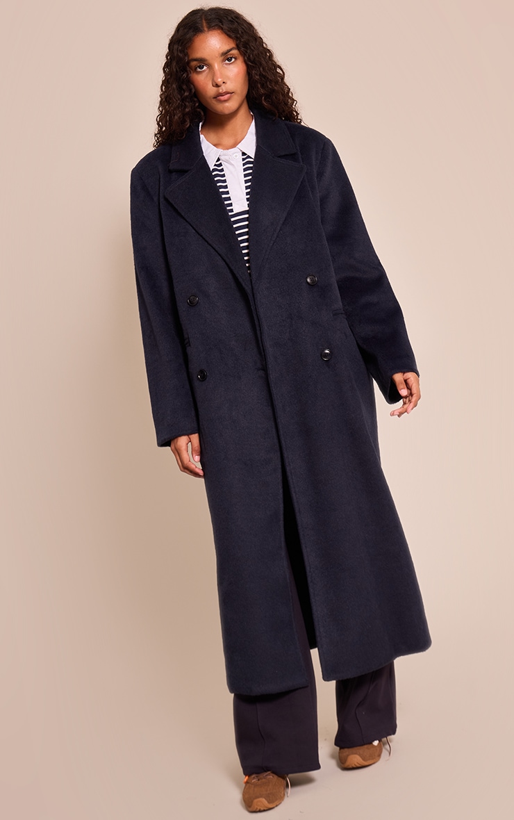 Navy Structured Double Breasted Wool Look Maxi Coat image 1