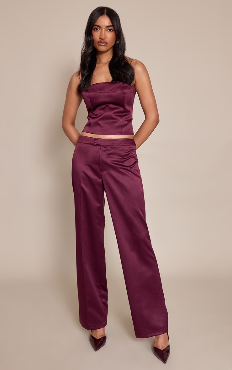 Pantalon droit satiné rouge vin foncé à taille basse image 2