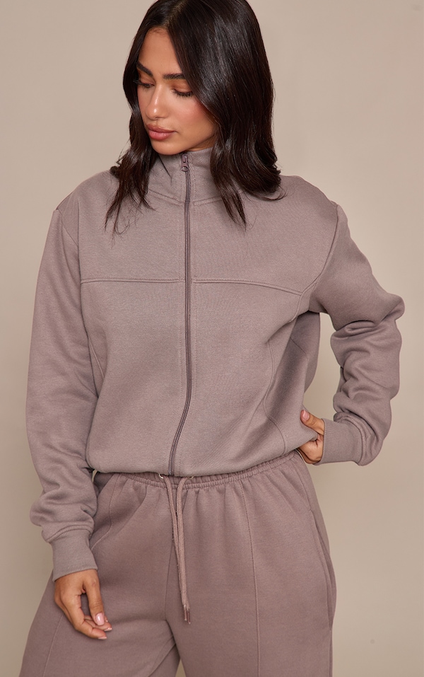 Petite Charcoal Grey Seam Detail Zip Up Track Top