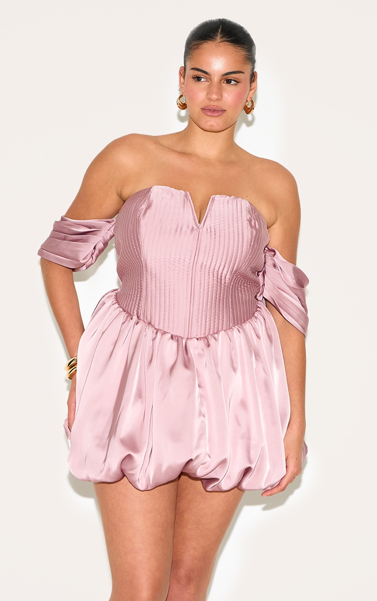 Plus Rose Satin Puffball Bardot Shift Dress image 1