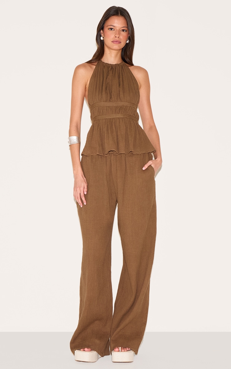 Pantalon Évasé Taille Basse en Étamine de Coton Couleur Champignon image 1