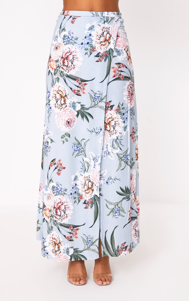 Baby Blue Floral Wrap Maxi Skirt Skirts PrettyLittleThing
