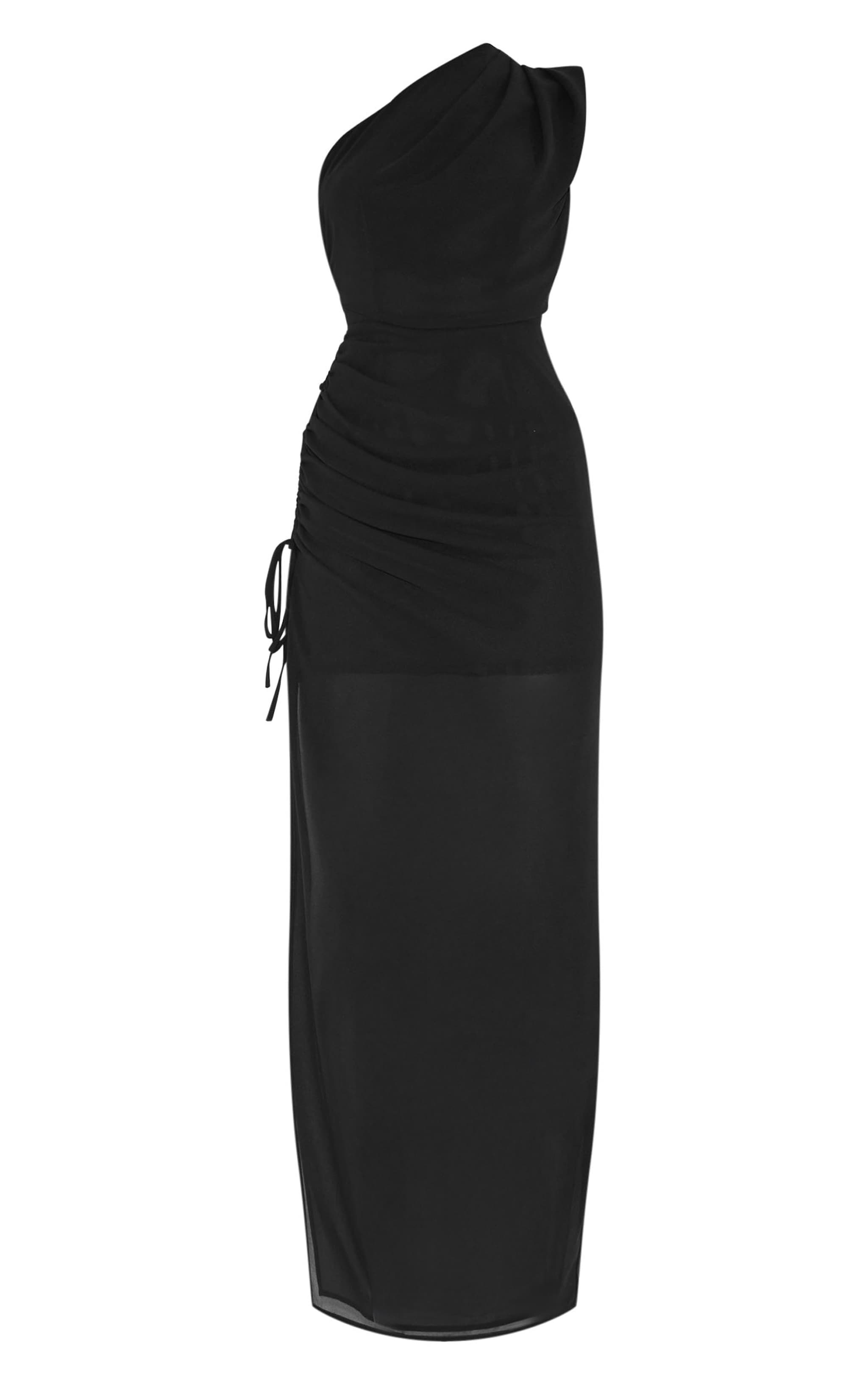 Black Chiffon One Shoulder Ruched Maxi Dress image 5