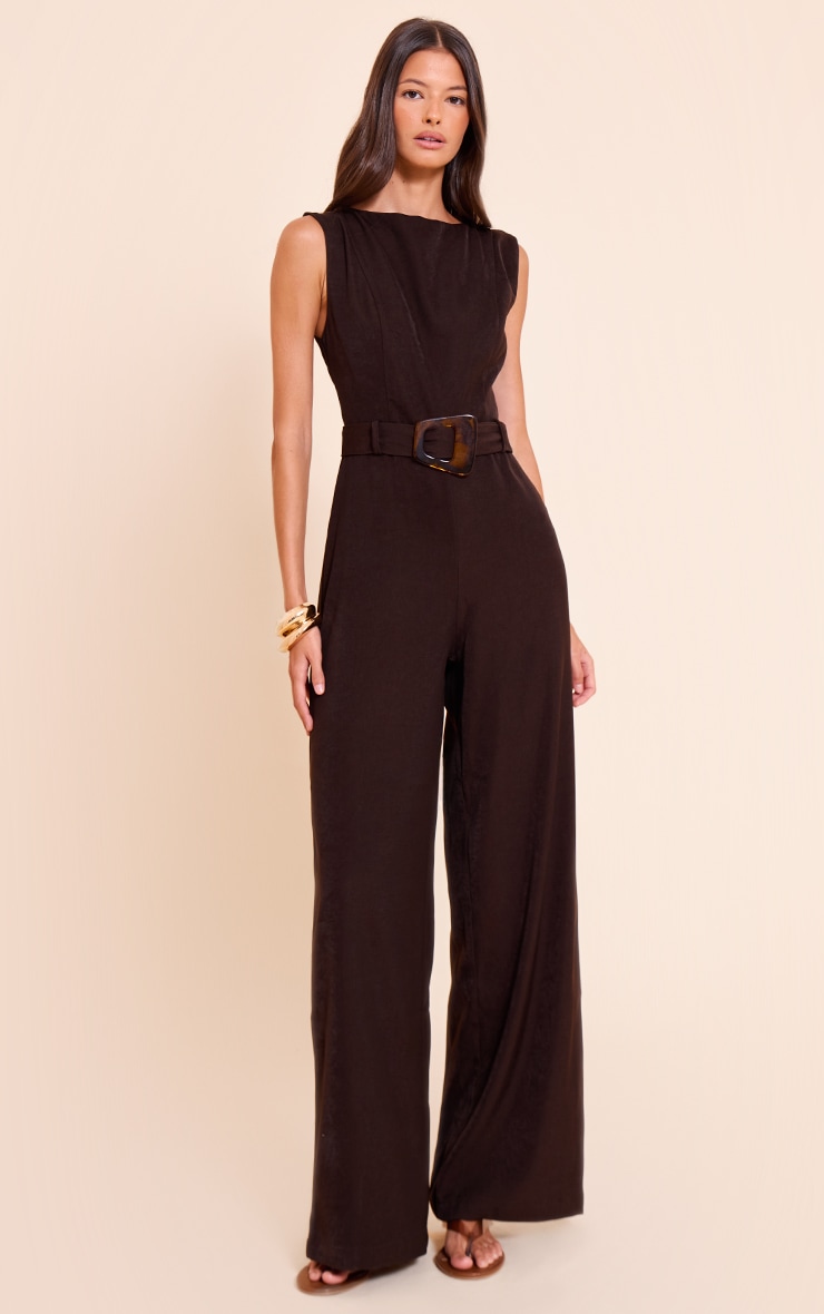 Chocolate Woven Boat Neck Straight Leg Jumpsuit image 1