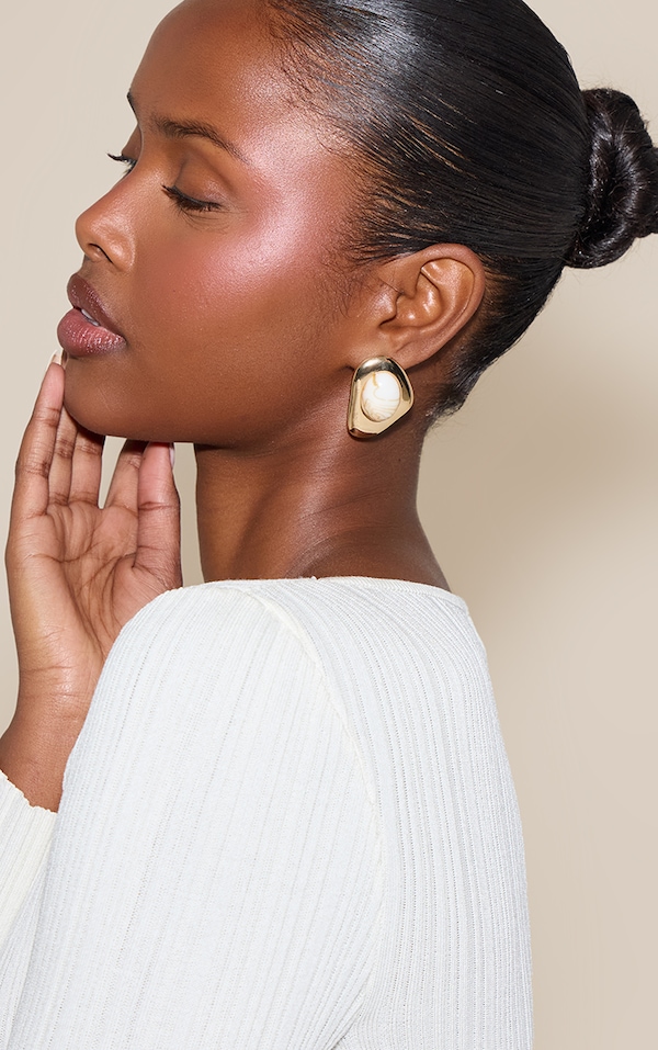 Gold Smooth Abstract Cream Pendant Earrings