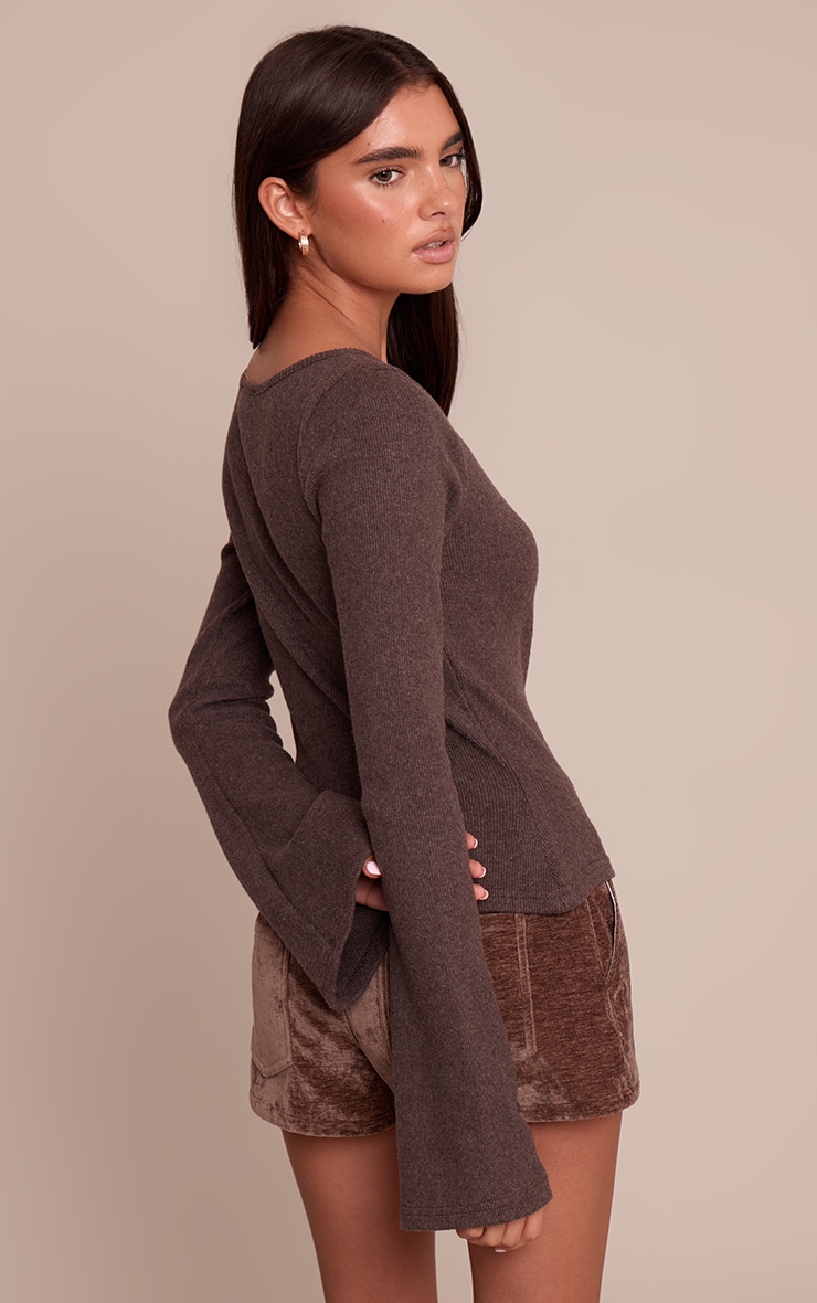 Chocolate Thick Brushed Rib Flared Long Sleeve Top image 2