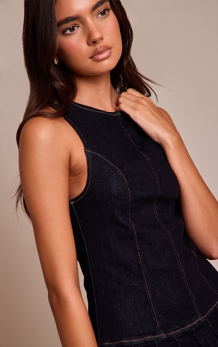 Indigo Racer Neck Pleated Denim Mini Dress image 4