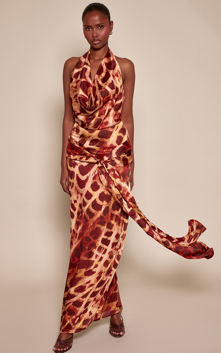 Brown Snake Cowl Neck Tie Front Maxi Dress image 1