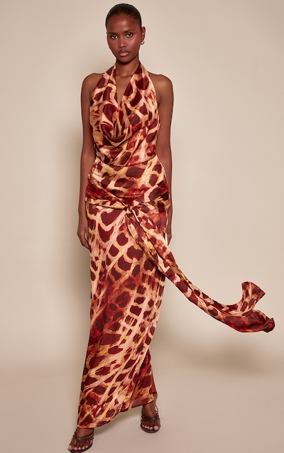 Brown Snake Cowl Neck Tie Front Maxi Dress