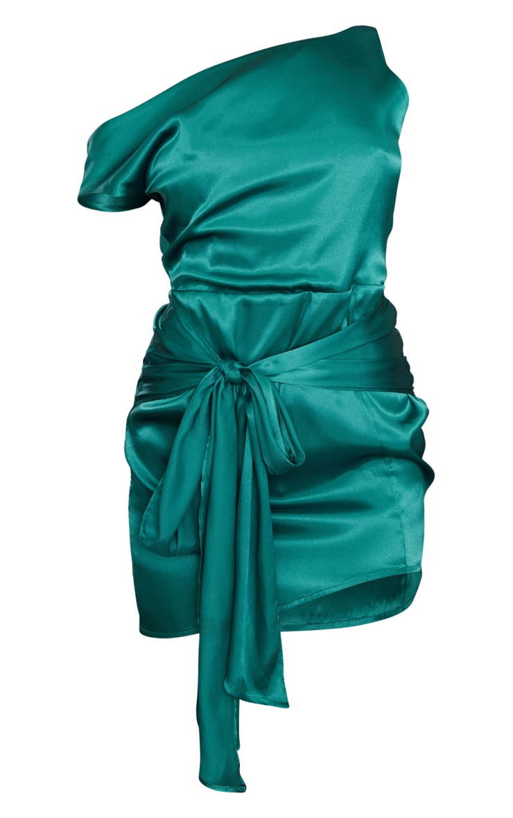 Emerald Green Satin Drape Off Shoulder Bodycon Dress image 5