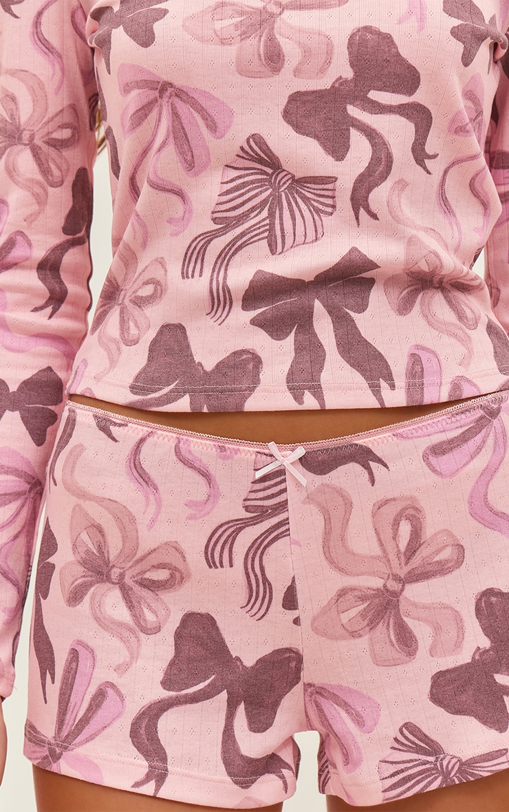Pink Christmas Bow Printed Pointelle Long Sleeve Top and Shorts PJ Set image 4
