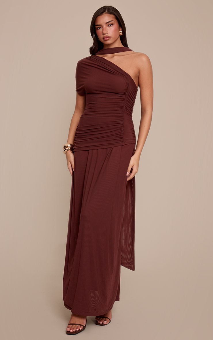 Chocolate Mesh Scarf Detail Ruched Maxi Dress image 3
