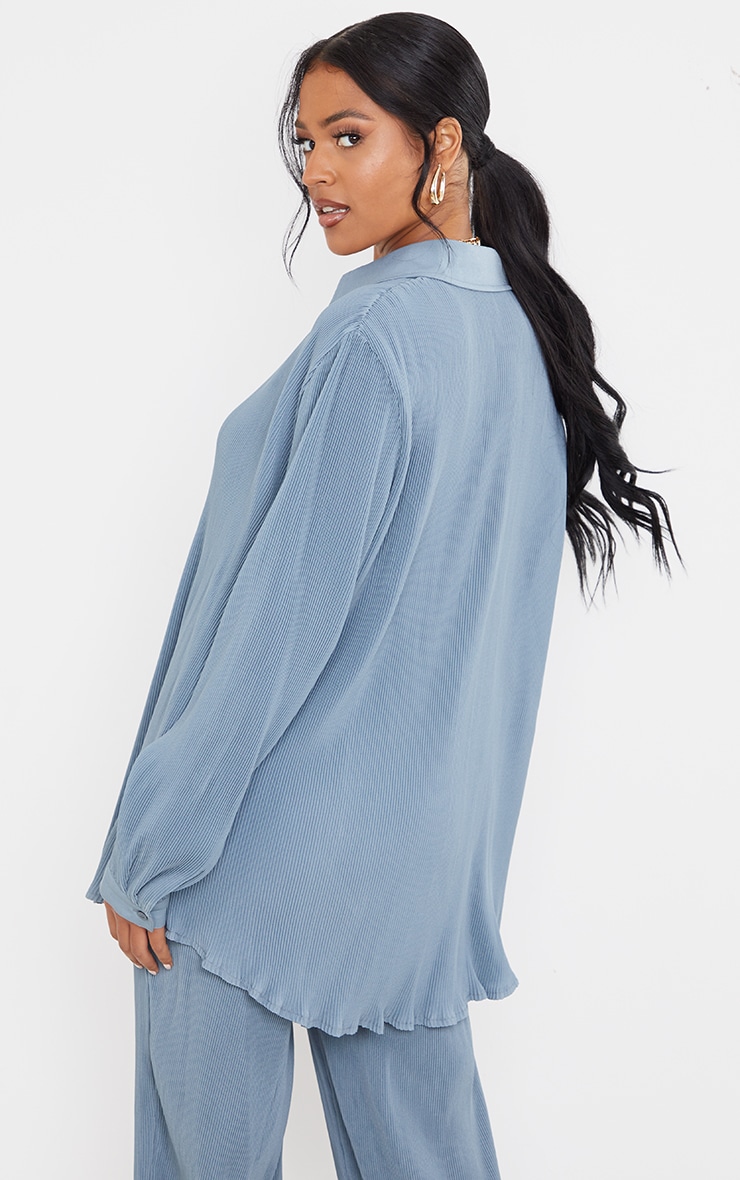 Tall  Blue Plisse Oversized Cuff Detail Shirt image 2