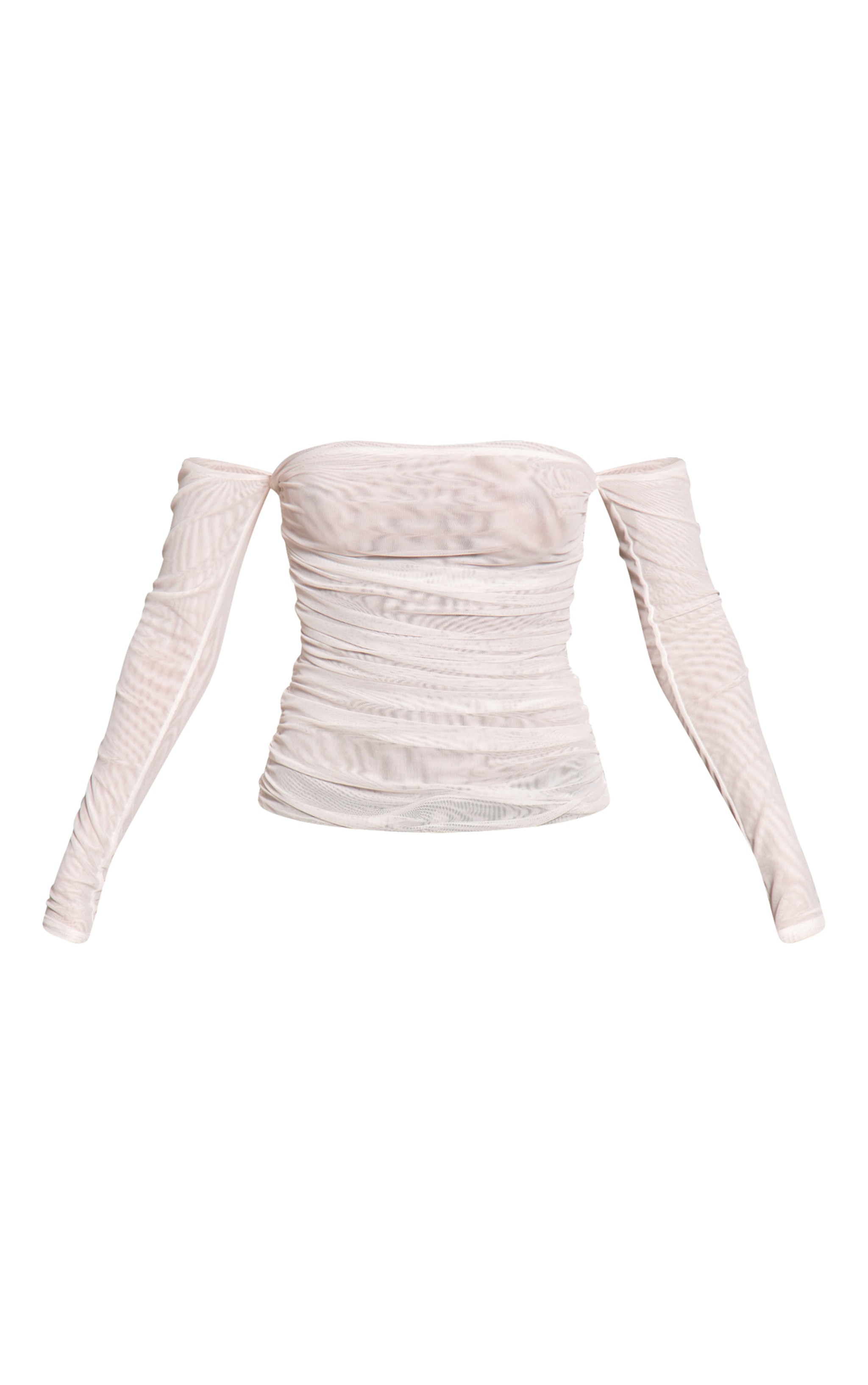 White Double Layer Mesh Ruched Detail Long Sleeve Bardot  image 5