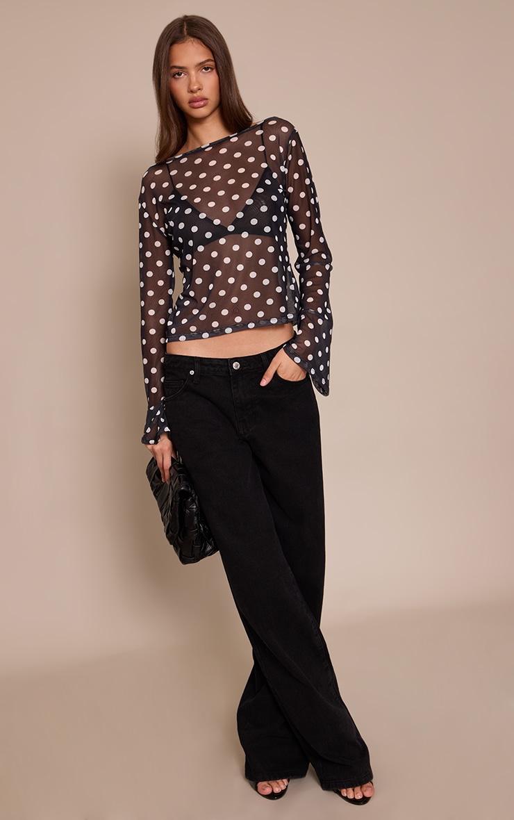 Black Polka Dot Mesh Flared Long Sleeve Top  image 3