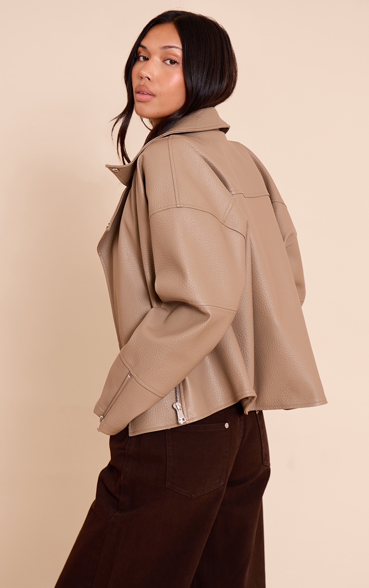 Taupe Faux Leather Oversized Biker Jacket image 2