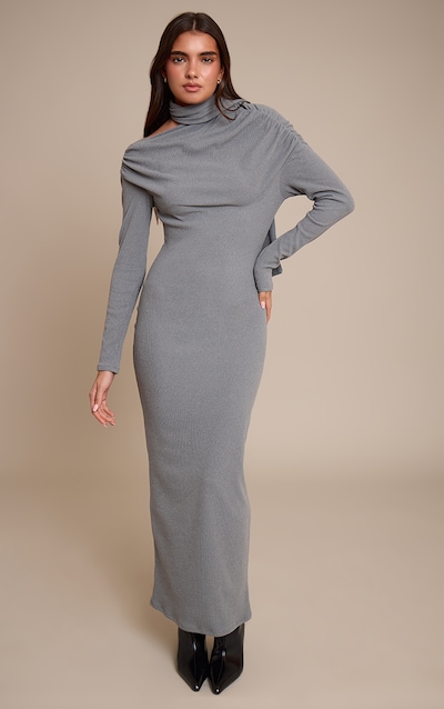 Grey Brushed Rib Scarf Detail Long Sleeve Asymmetric Ruched Maxi Dress