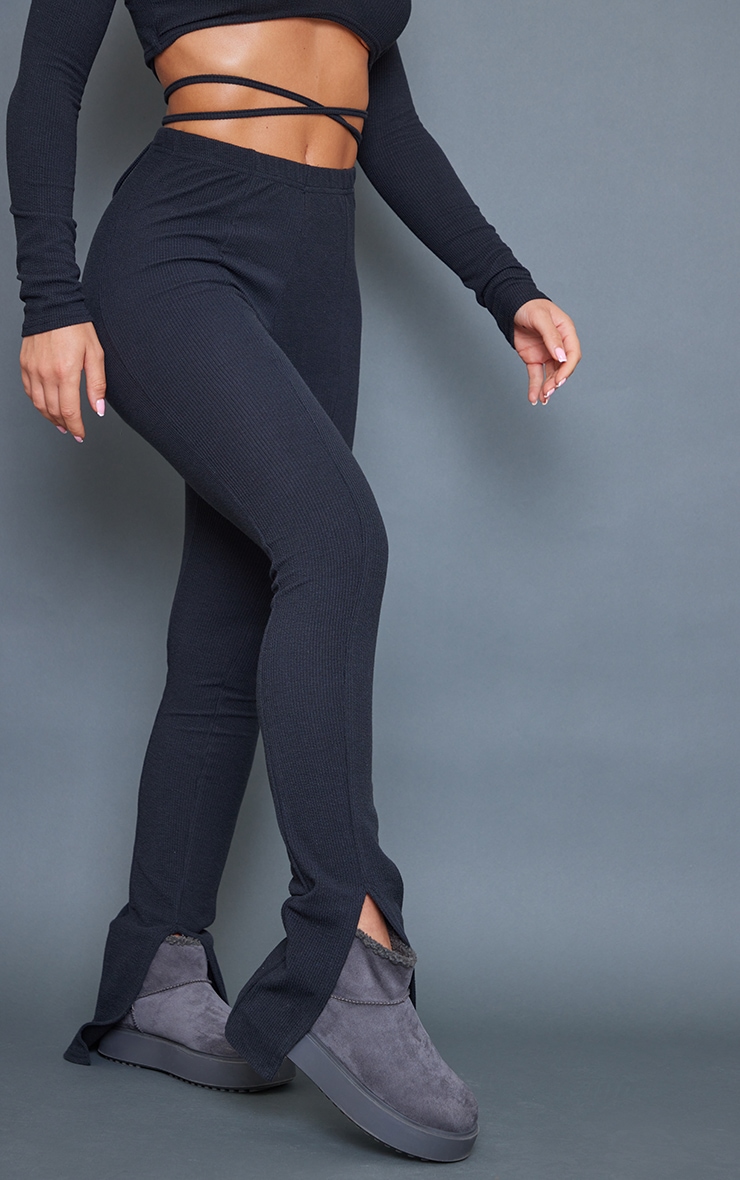 Black Crinkle Rib Split Hem Detail Leggings image 2