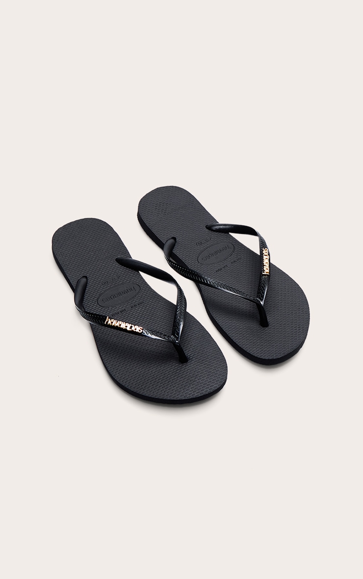 Black Havaianas Slim Logo Metallic Flip Flops | Footwear