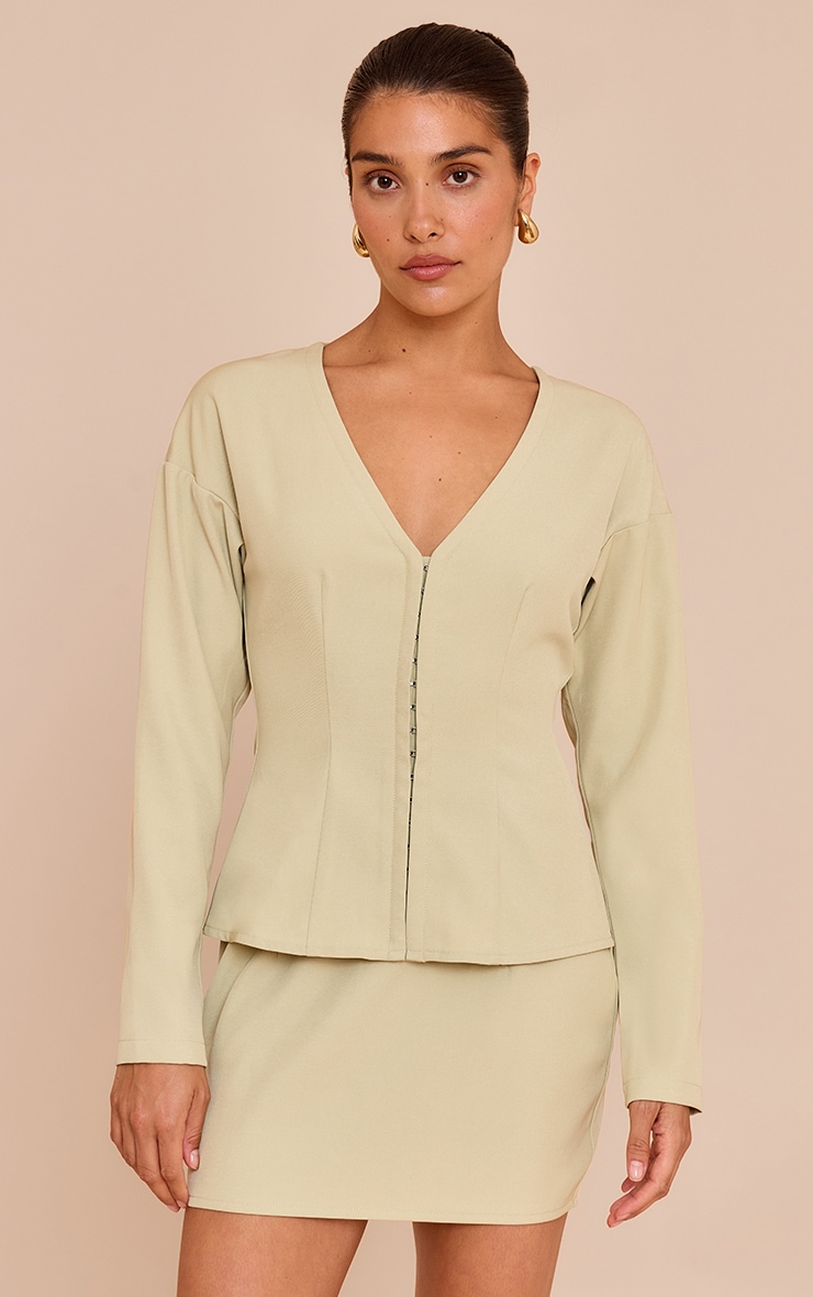 Petite Soft Olive Collarless Hook And Eye Cinched Waist Long Top image 1