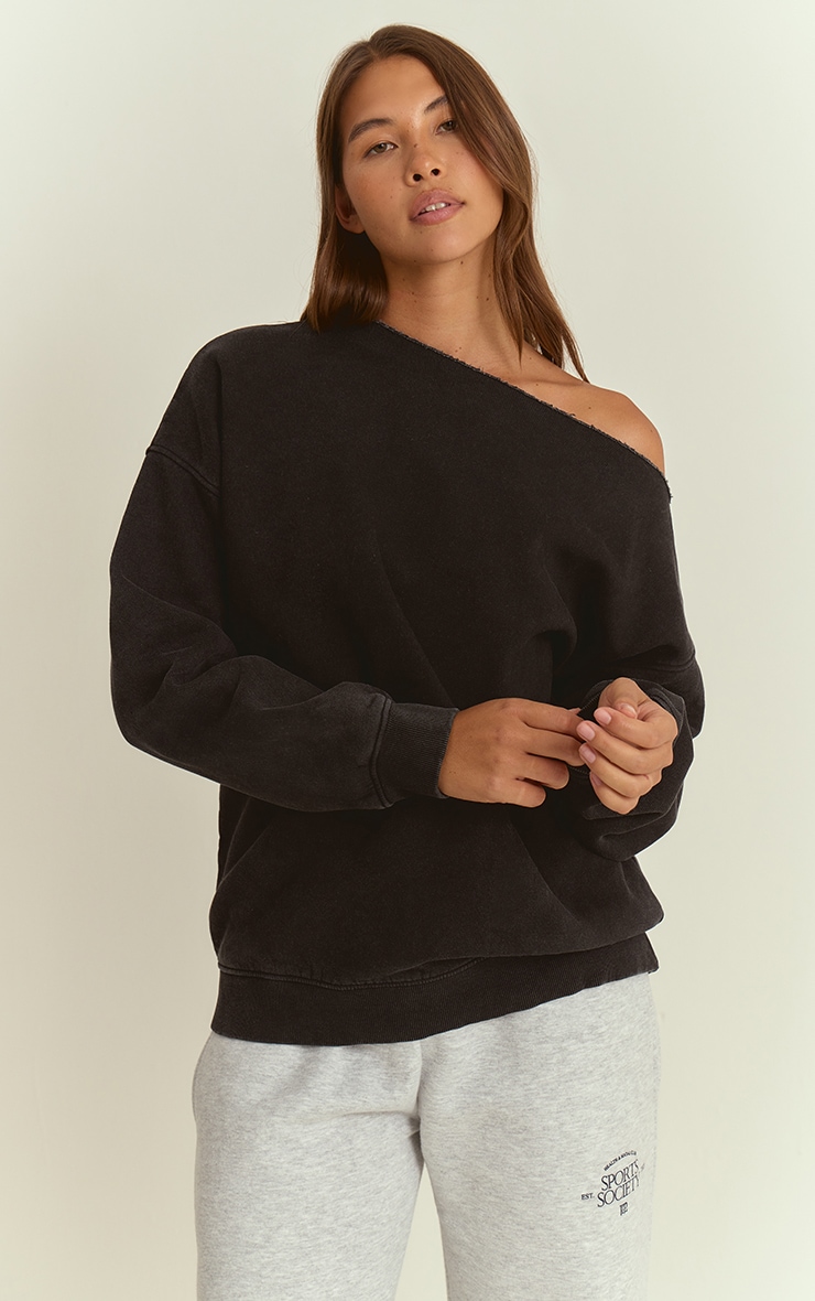 Charcoal Acid Wash Off Shoulder Sweatshirt | Athleisure