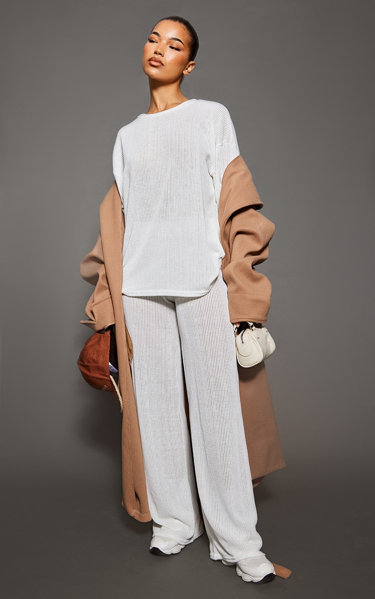 Cream Sheer Soft Rib Straight Leg Trousers