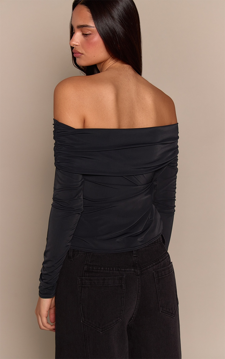 Black Matte Sculpt Trim Detail Bardot Long Sleeve Top image 2