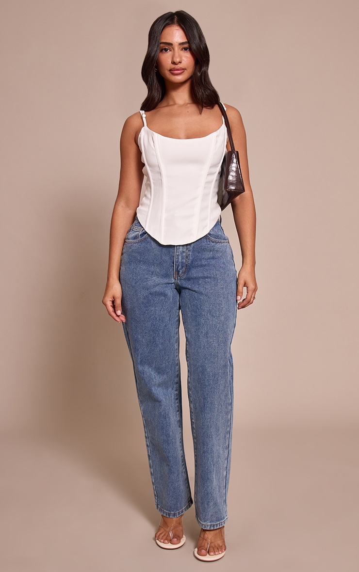 PRETTYLITTLETHING Petite Mid Blue Wash Straight Leg High Waist Jeans