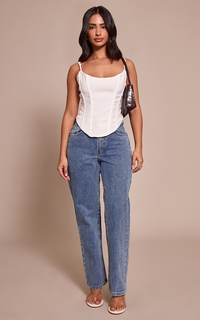 PRETTYLITTLETHING Petite Mid Blue Wash Straight Leg High Waist Jeans