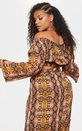 Brown Snake Print Bardot Crop Top Belted Shorts Co-ord - Sage main image 1