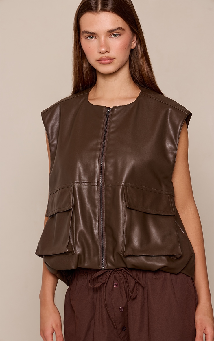 Dark Chocolate Pocket Detail Faux Leather Gilet