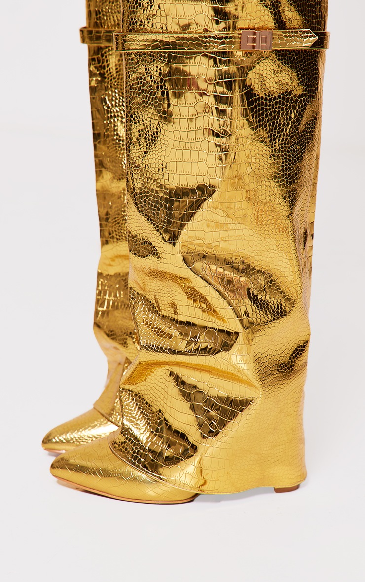 Gold Metallic Pu Fold Over Knee Block Heeled Boots | Footwear ...