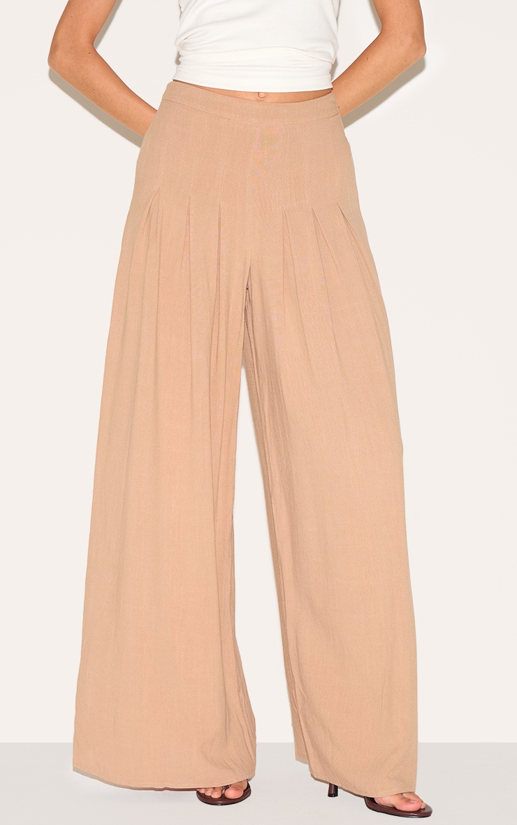 Mocha Linen Blend Floaty Pin Tuck Wide Leg Pants image 2
